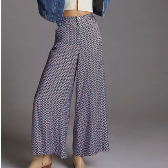 Maeve High Rise Drappy Palazzo Wide Leg Geometric Floral Pant 100% Viscose - Picture 1 of 14